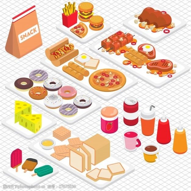 面包店图三维立体图形中垃圾食品图形的图示