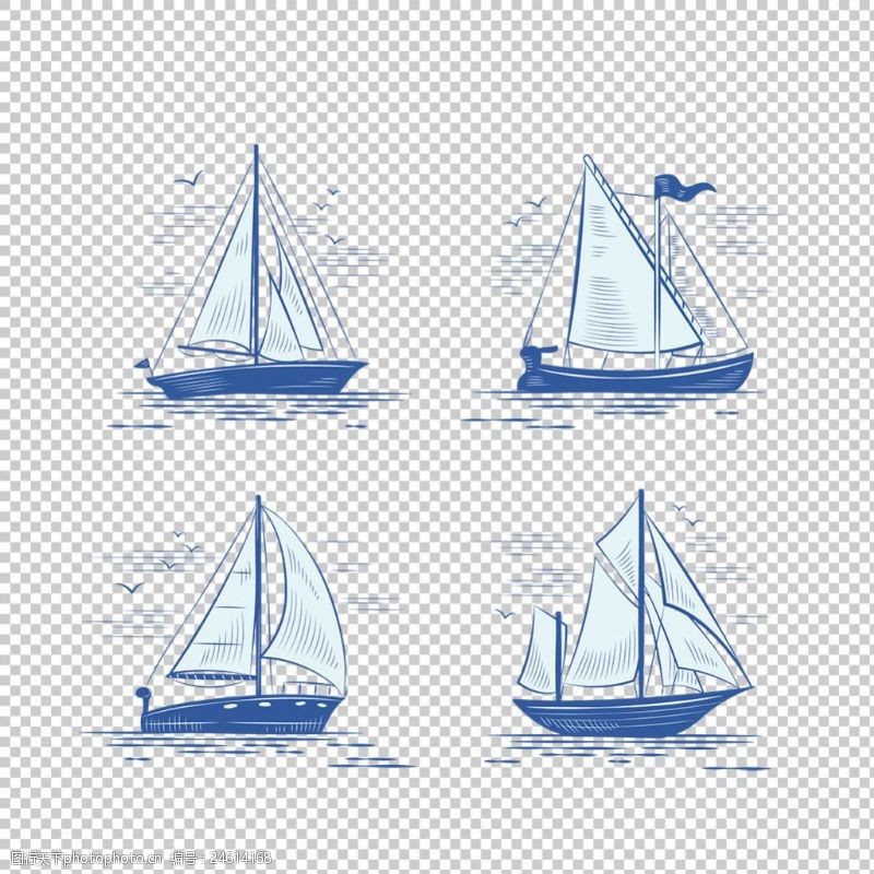 四个手绘帆船插图免抠png透明图层素材