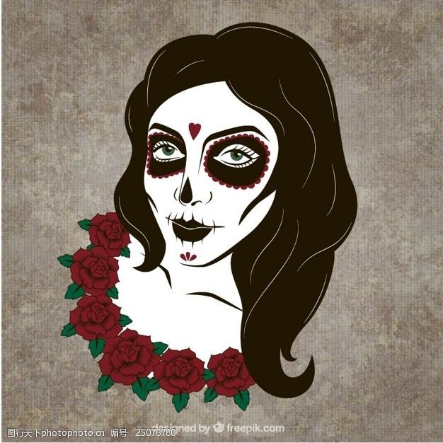 卡特里娜骷髅插画与玫瑰