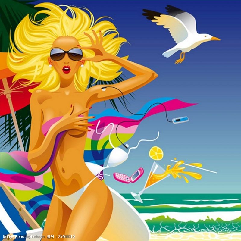 果汁饮料设计夏日暑假美女海滩背景图