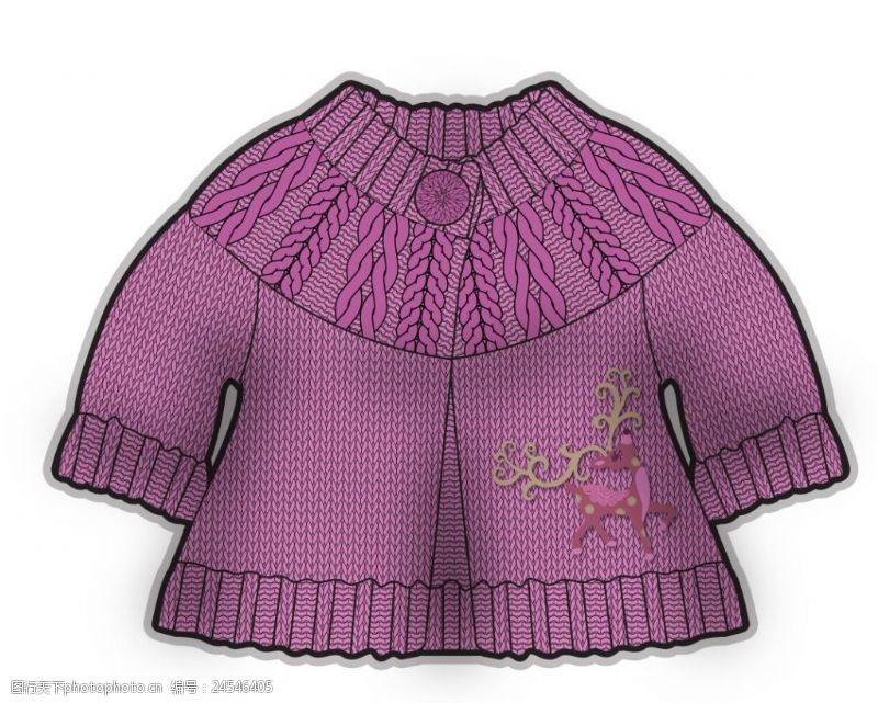 手绘小女孩紫色纽扣外套小女孩服装设计秋冬彩色原稿
