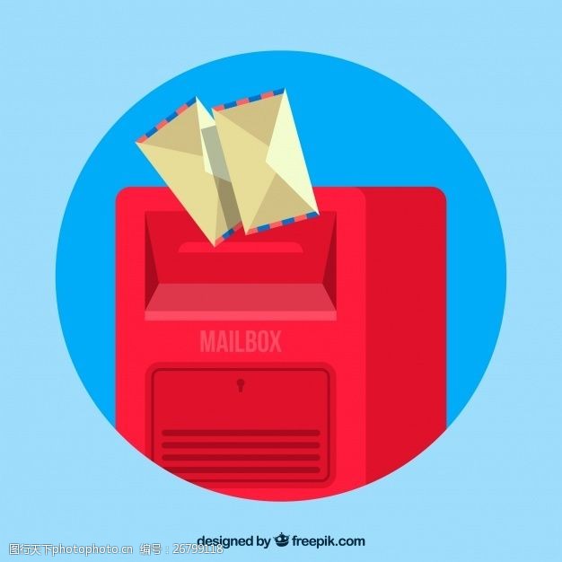 红色邮箱蓝色背景和信封