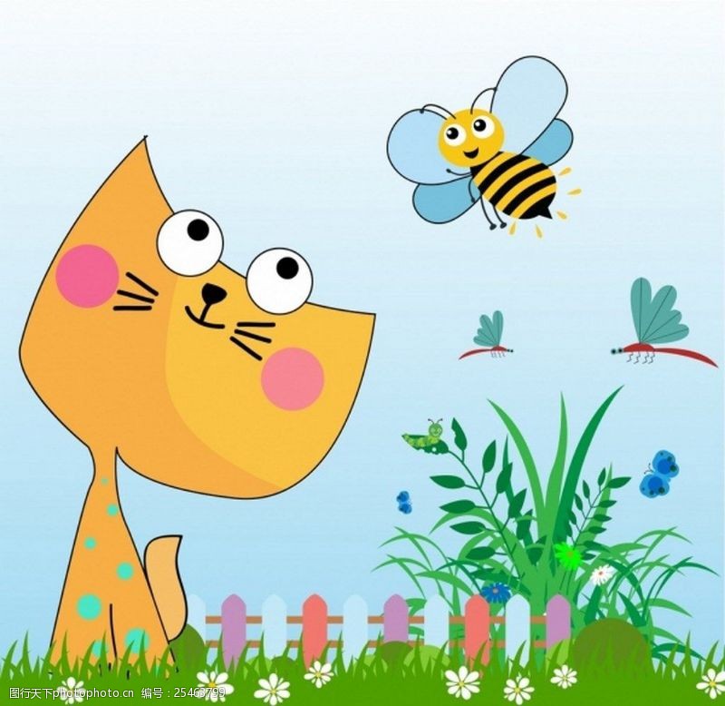 可爱底纹免费下载花园可爱小猫与蜜蜂背景图