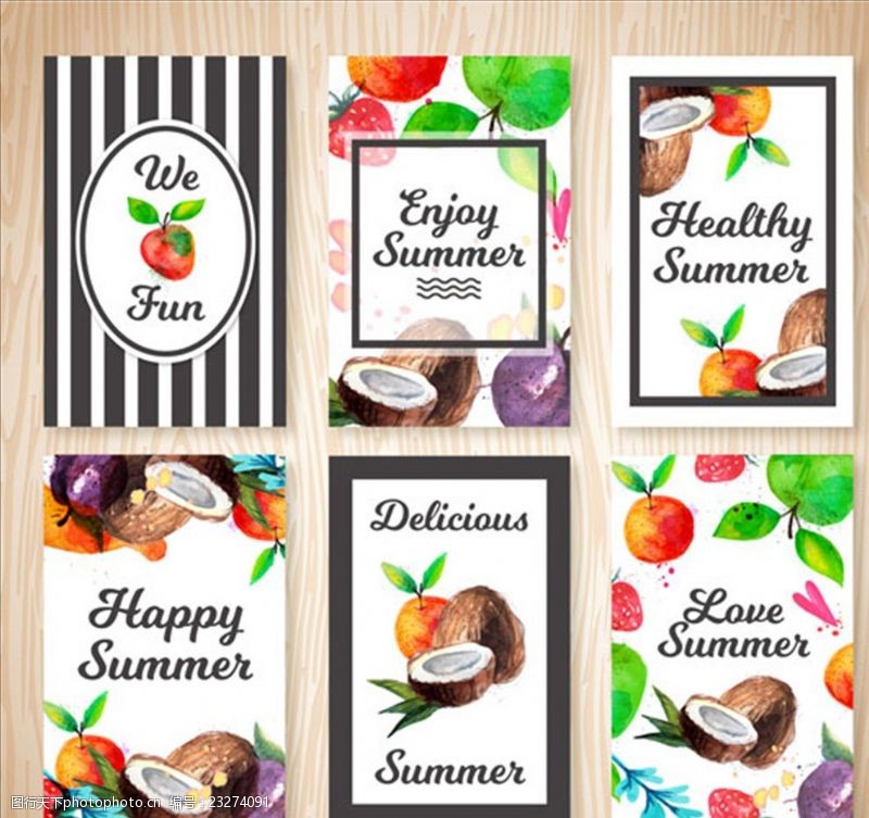 夏季沙摊水彩可爱的夏季水果卡片