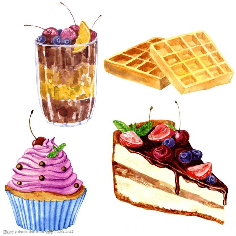巧克力蛋糕水彩甜品插画