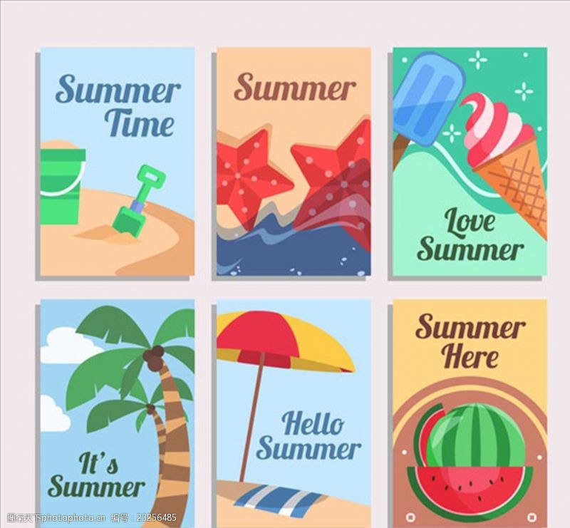 水果树矢量素材平面六种夏季元素装饰卡片