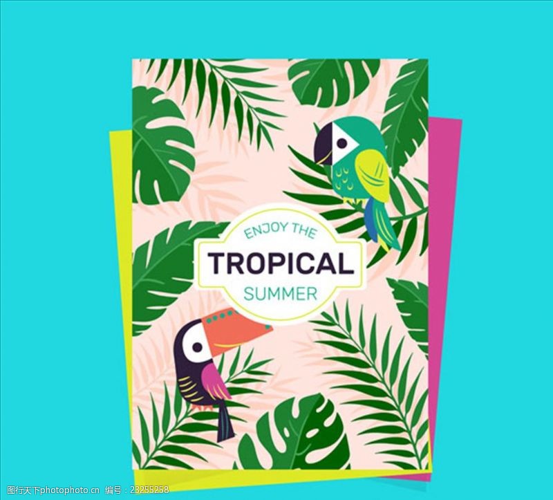 水果树矢量素材热带夏季卡通巨嘴鸟背景