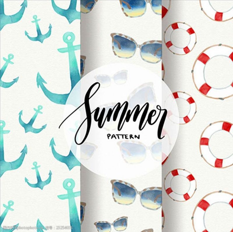 沙滩裤三个夏天水彩风格的元素图案