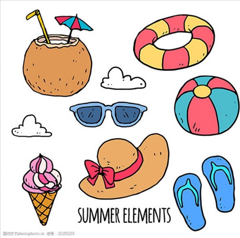 沙滩鞋海报手绘各种彩色夏季元素