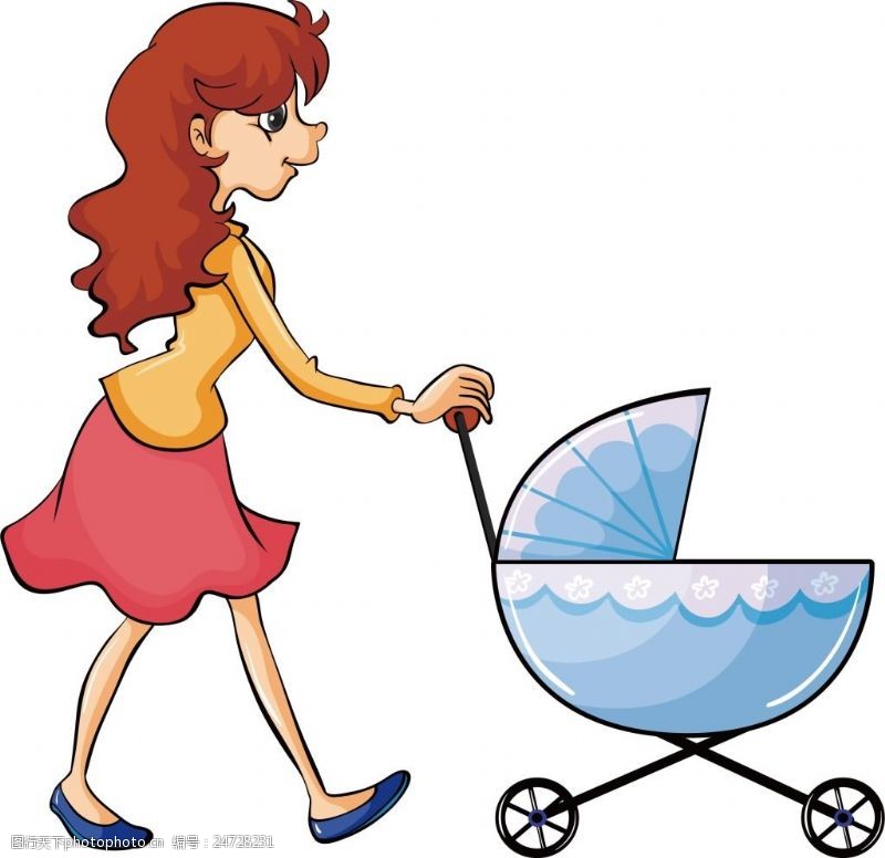 散步手绘妈妈推婴儿车
