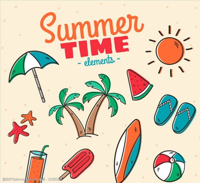 沙滩鞋海报手绘奇妙的夏天元素集合