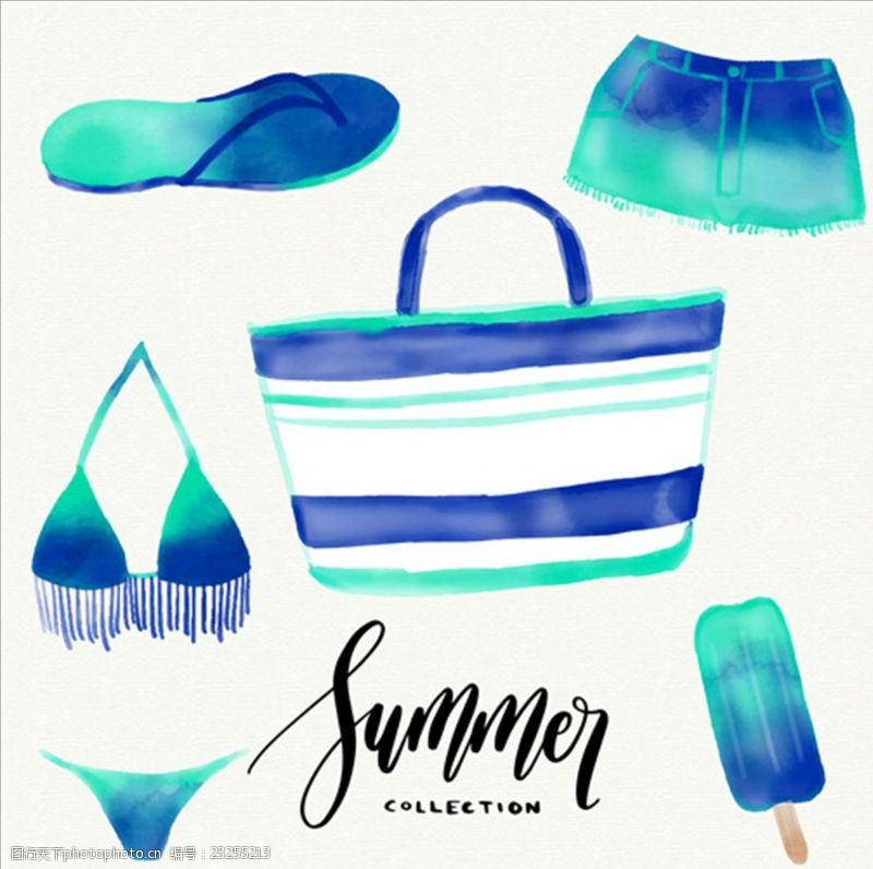 沙滩鞋海报水彩夏天蓝色女性配饰