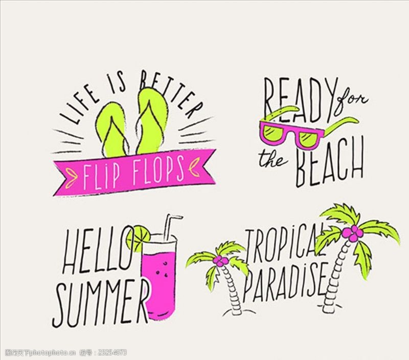 沙滩鞋海报四个漂亮的夏天手绘贴纸