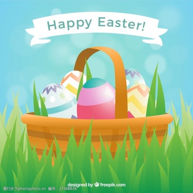 上篮在草地上放复活节彩蛋的篮子背景
