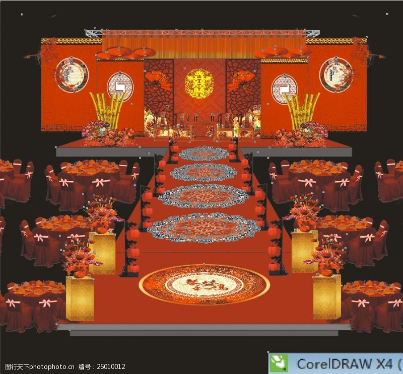 红色婚礼背景中式婚礼舞台主背景CDR