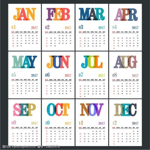 周年数字日历模板与彩色信件