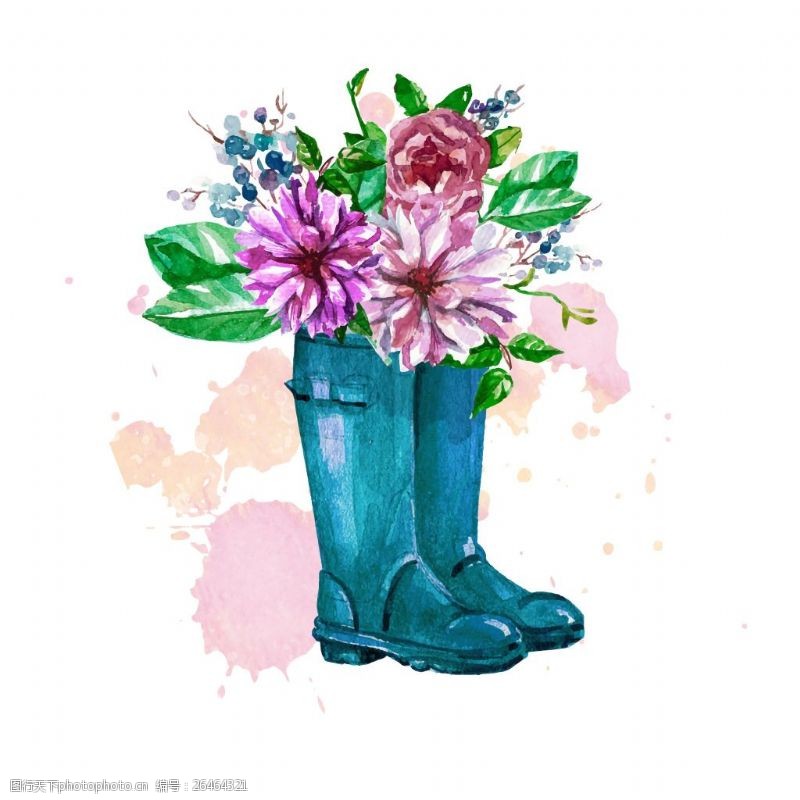 矢量彩色花朵蓝色雨鞋元素