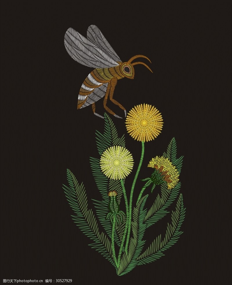 蜂蜜包装效果植物花卉蜜蜂刺绣矢量图下载