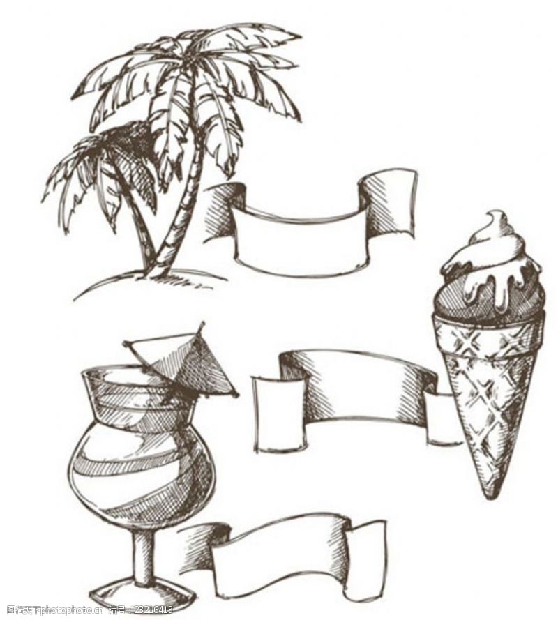 夏季风情矢量素材手绘夏季鸡尾酒棕榈树冰淇淋