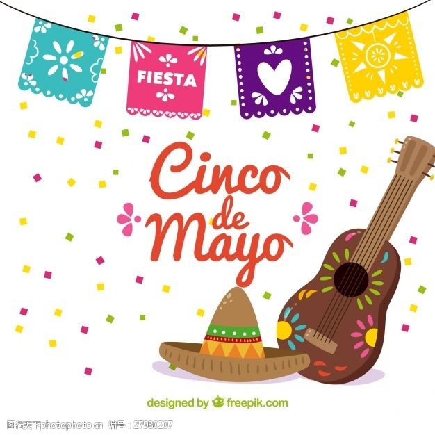 cinco方基金CincodeMayo与墨西哥帽子和吉他