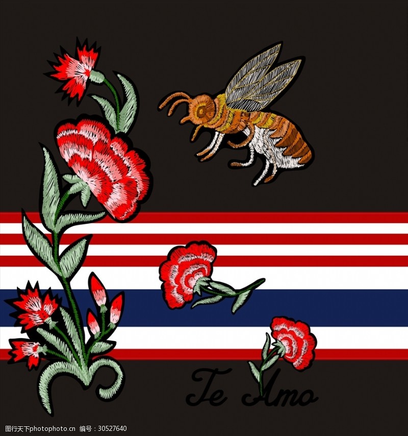 男包蜜蜂花朵花卉刺绣矢量图下载