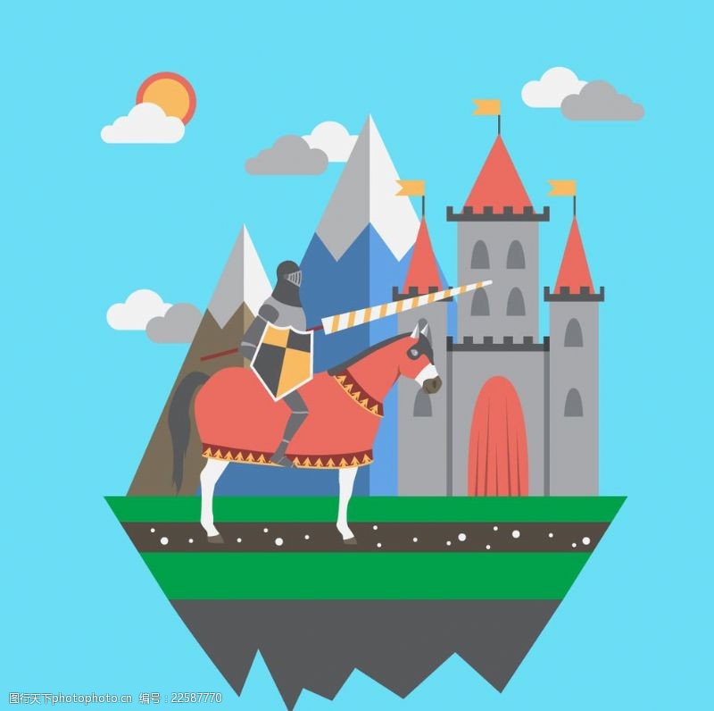 头盔中世纪城堡和勇士插图