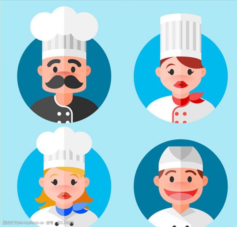 卡通菜单平面四个厨师