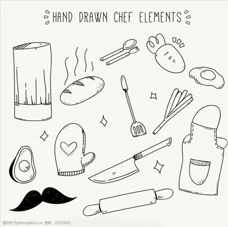 卡通菜单手绘各式各样的厨师用品