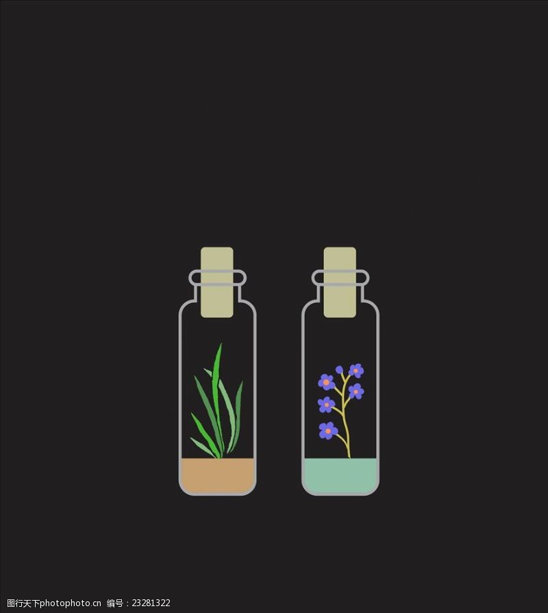 小瓶手绘植物花朵花卉玻璃瓶矢量图