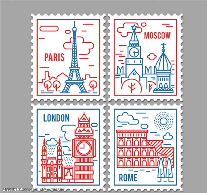 时尚邮票贴纸四款世界名城的邮票