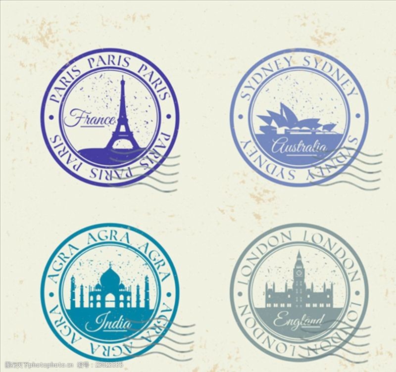 时尚邮票贴纸四套不同城市的圆邮戳