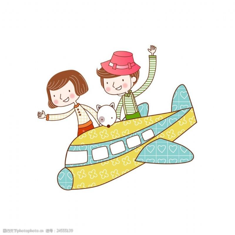 手绘小女孩卡通小孩坐飞机元素