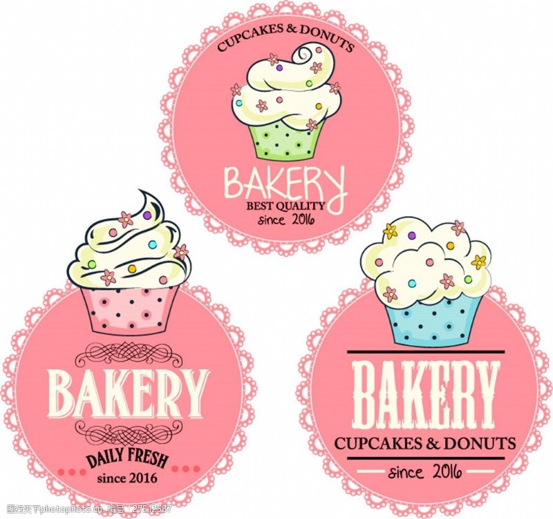 面包店图3款粉色纸杯蛋糕标签矢量素材