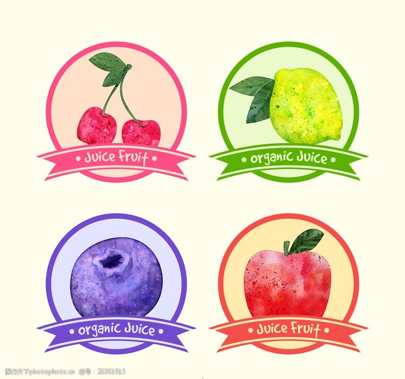 果汁水果标签4款水彩绘果汁标签矢量素材