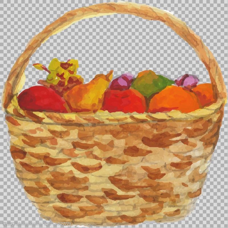 菜篮子手绘装满水果的竹篮免抠png透明图层素材