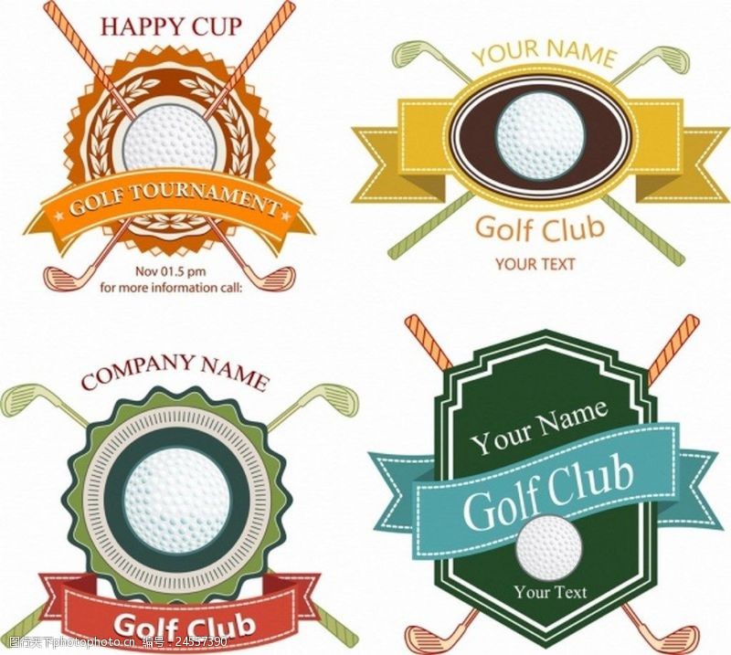 各种形状高尔夫俱乐部标志各种颜色形状隔离免费矢量