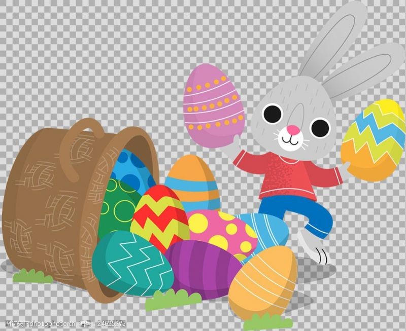 菜篮子手绘彩蛋兔子篮子插图免抠png透明素材