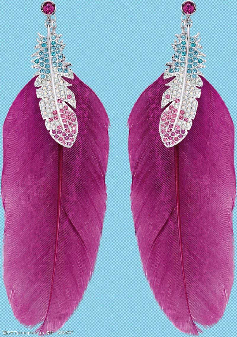 钻石耳钉紫色羽毛耳坠首饰免抠png透明图层素材