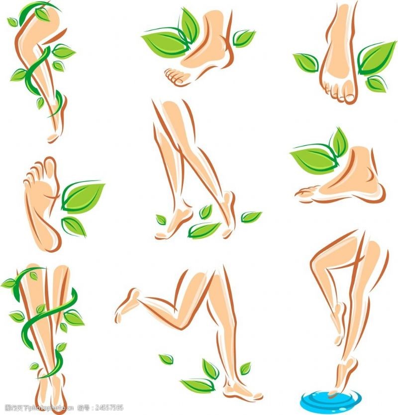 足浴人物人物脚部和绿叶插画