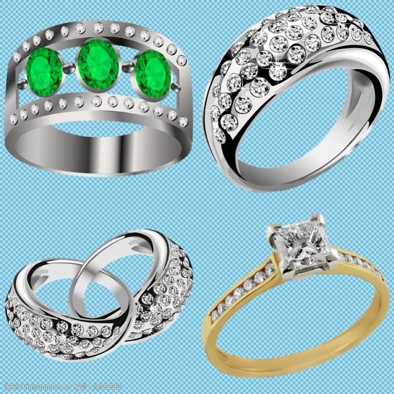 钻石耳钉四种宝石戒指首饰免抠png透明图层素材