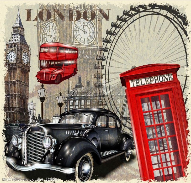 电话亭插画英国复古建筑和汽车插画