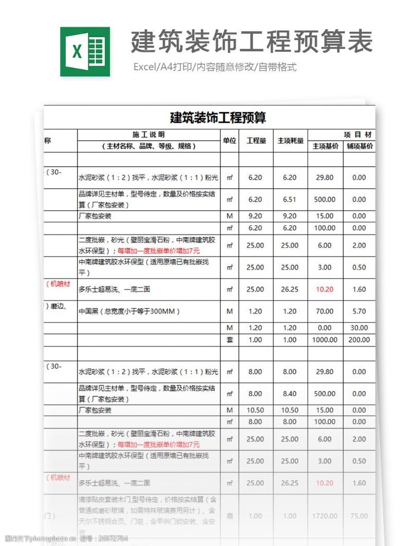 家庭装修预算表建筑装饰工程预算表excel模板