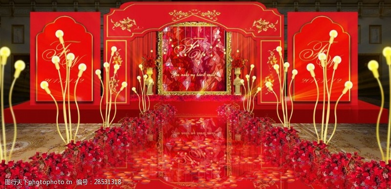 欧式舞台红金主舞台婚礼效果图设计