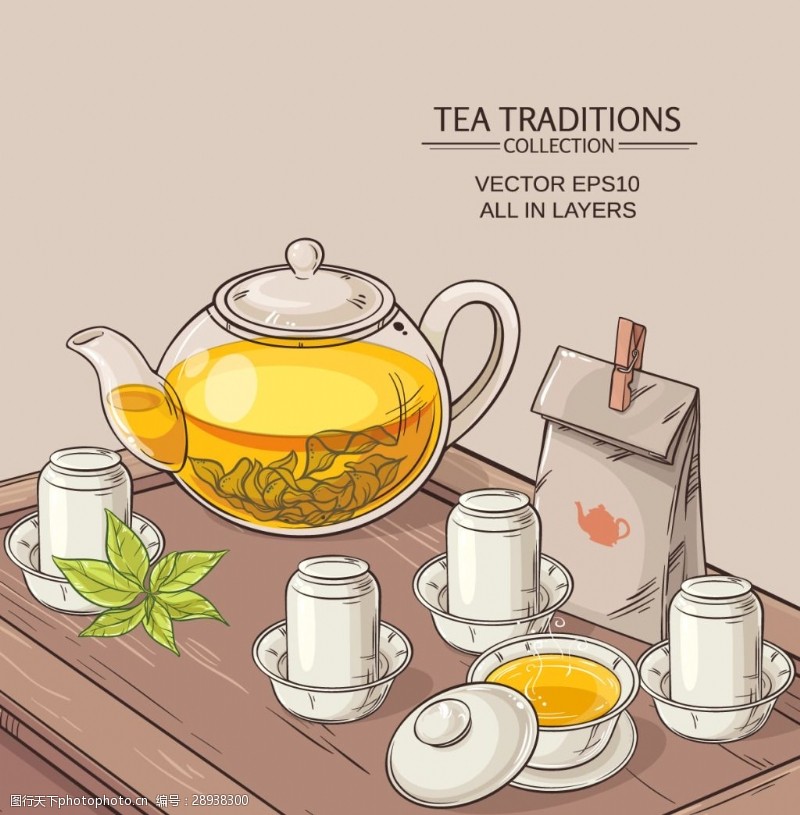 手绘时尚中国茶艺插画