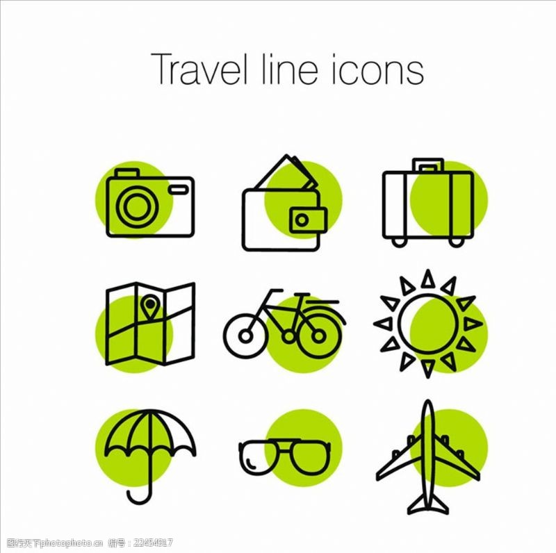 太阳眼镜9款绿色旅行细线图标矢量图