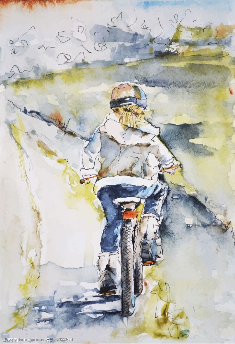 手绘小女孩水彩绘骑自行车的女生背景