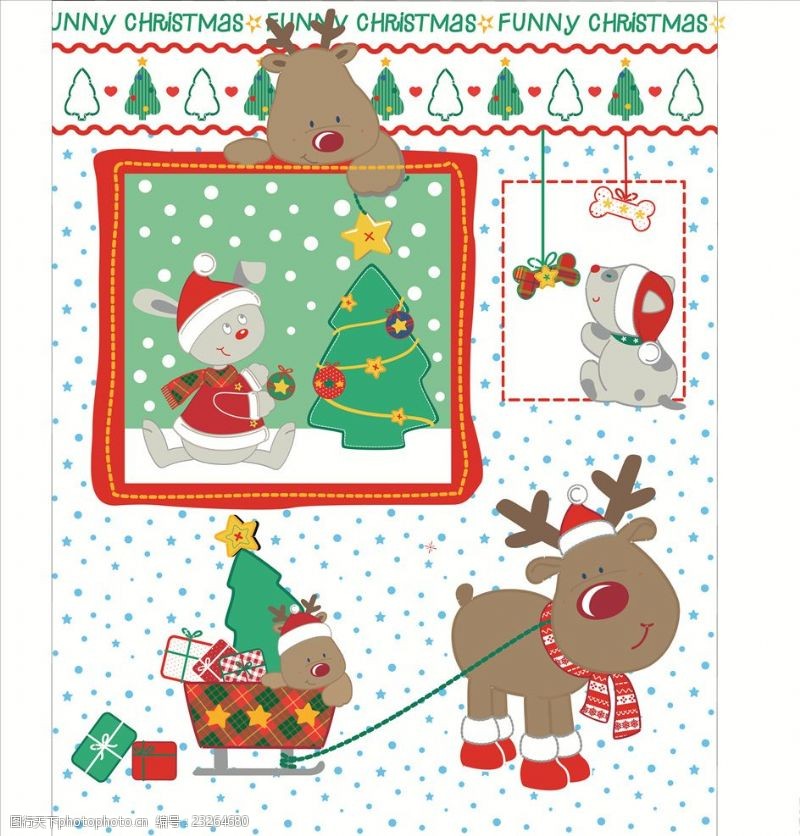 圣诞印花面料圣诞元素卡通鹿矢量图下载