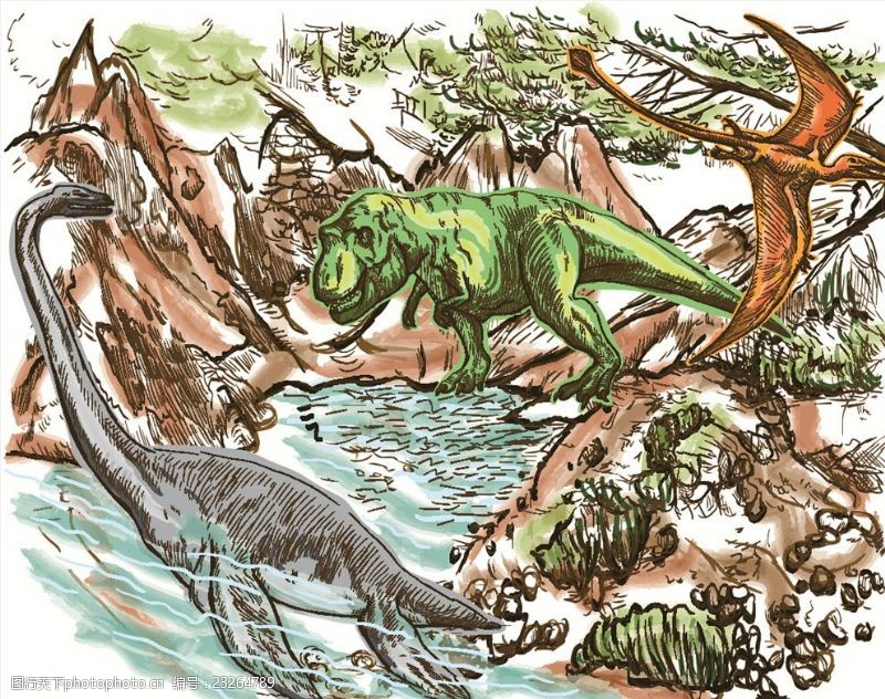 白垩纪手绘恐龙矢量图下载