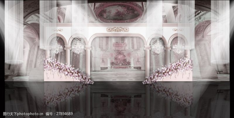 欧式舞台爱在罗马宫廷风浪漫水粉欧式婚礼背景墙舞台效果图