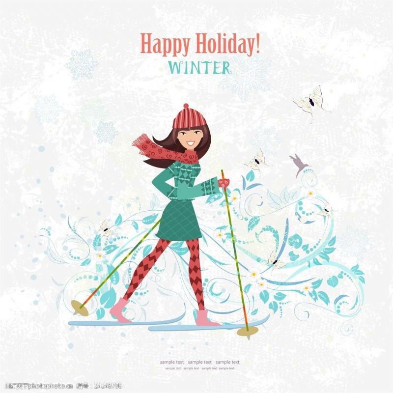 滑雪运动穿着冬装的女生生活旅行插画矢量设计素材